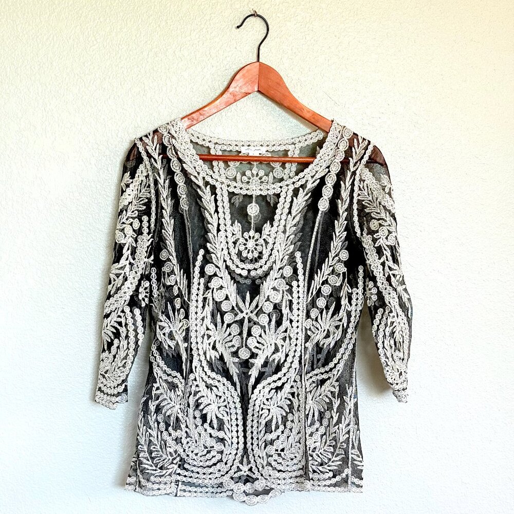 Boho Romantic Botanical Silver Embroidered Sheer 3/4 Sleeve Tunic Top Size M